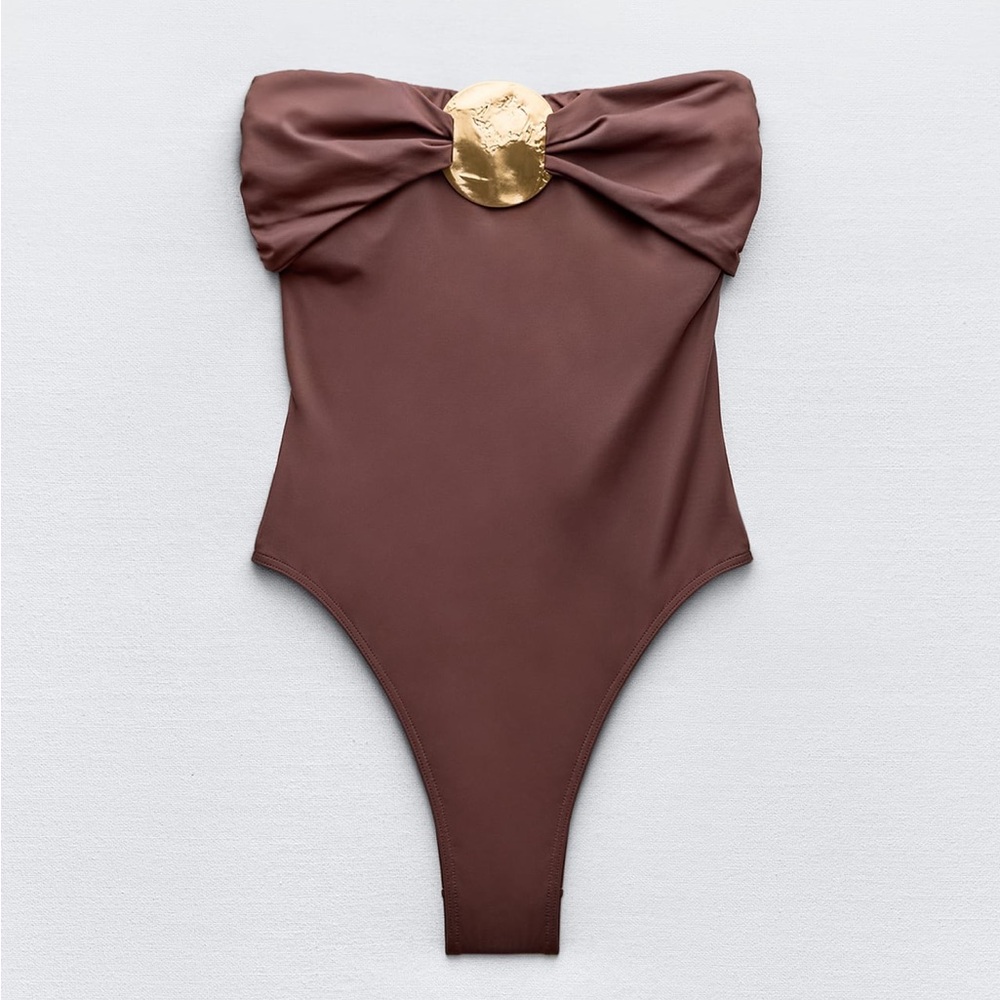 ❌SOLD❌ Zara Metal Embellished Strapless One Piece Swimsuit - Picture 1 of 5
